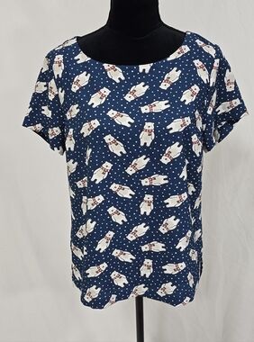 ModCloth women L polar bear christmas holiday blouse short sleeve AOP polka dot